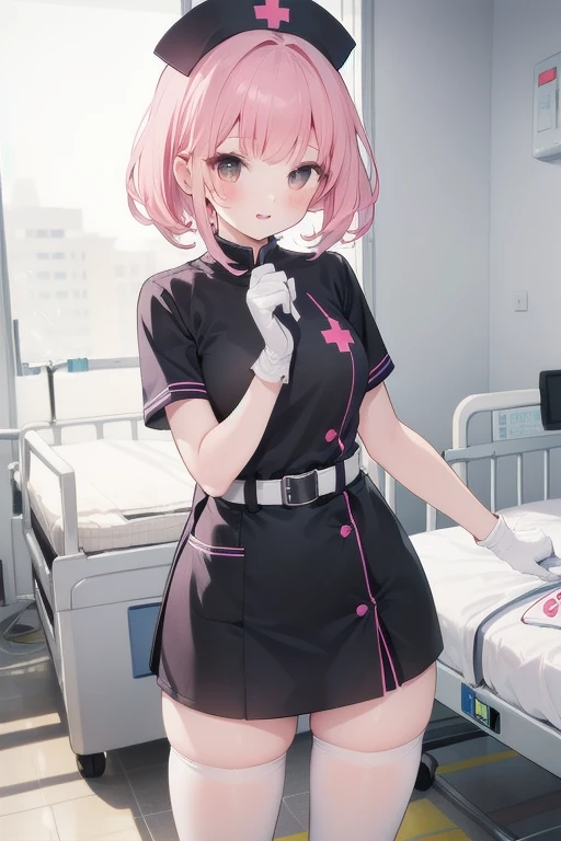 1girl, solo, nurse, nurse cap, white wear, ((white legwear, zettai ryouiki)), white gloves, pink hair, drooping eyes, ((covered nose)), standing, ((hospital room)), sharp outline, short sleeves, best quality, masterpiece,Fleshy,Brown eyes,Fleshy,Black hair,happy,lol,Heart,belt,Black clothes