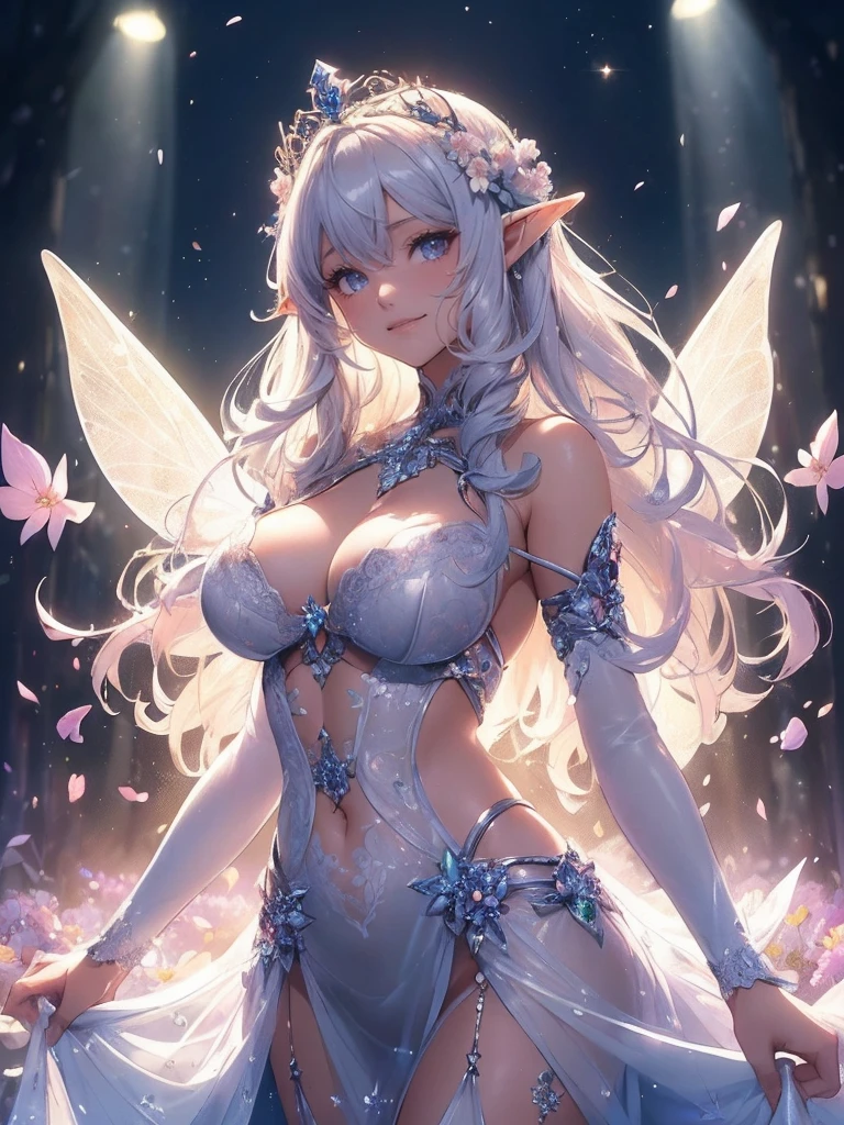 最high quality、1 womanエルフ NP: Worst quality ,flower fractal fine art　　Bigger on the front、 Beautiful sparkle,High-definition depiction, Realistic, 8k, Unity, ,mosquitoウボーイショット,Fairy Wings、虹colorに輝く翼、 light smile, Beautifully and vividly drawn, , Beautiful, beautiful, clear skin、A beautifully decorated magic wand with a sparkling glow、  dress , , Beautiful Forest、Beautiful Landscape、 Romanticism,mosquito。 The most beautiful form of chaos, Mr..々color, Intertwined flowers, P article,Magical gentle light,smile,,image quality、masterpiece、Beautiful Face、Super beautiful elf woman((Big breasted 22 year old office lady、Bust 90,Beautiful long ironed hair、Silver Hair、height: 165cm。、Esbian、、high quality、、Visual Arts、最high quality、1 womanエルフ NP: Worst quality ,Flower fractal art　Marble pillar、、、light、Beautiful radiance,High-definition depiction, Realistic, 8k, Unity, , light smile, Beautifully and vividly drawn, , Beautiful, beautiful, clear skin、 ((see-through bodystocking,))Countless rays of light pouring down, Swirling Light, big background, , Intense light is emitted from the magic flower circle in front of the girl. Romanticism,Cowboy Shot: The most beautiful form of chaos, Mr..々color, Intertwined flowers, Particle,magical gentle light,smile,,image quality、masterpiece、Beautiful Face、Super beautiful elf woman((Big breasted 22 year old  lady、、Bust 90,Beautiful long ironed hair、、height: 165cm。、Esbian、、high quality、Visual art、Written boundary depth、、Elf Ears、、universe、Happy smile、Gentle light、Elf forest、elegant、ticker beautiful decorative、、magic、forest、Beautiful tiara、Beautiful bed、A kind smile、wonderful、Fluttering petals、Dance happily、、Cultivate fantasy、、Mystery light　Lots of flowers、、art、art,mystery,Ultra-high resolution,atmosphere 最high quality、