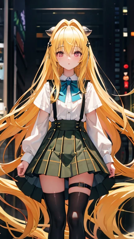 (masterpiece:1.6, best quality), (finely detailed beautiful eyes: 1.2), phyami, yamisch, 1girl, long hair, solo, , hair ornament, hair between eyes, two side up, blonde hair, very long hair, skirt, red eyes, thigh strap, sweater vest, plaid skirt, plaid, socks, two side up, hair ornament, pleated skirt, kneehighs
,