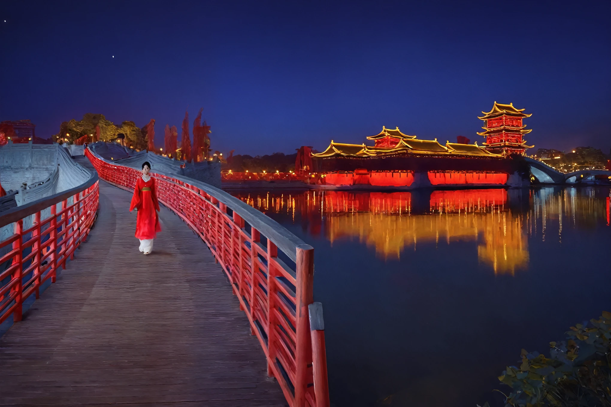 Girl in red walking on the bridge at night, blue sky white moon中国建筑, Guangjian, Dreamy Chinatown, girl, night, Tang Dynasty Palace, Chinese Palace, Beautiful rendering of the Tang Dynasty, 1 illuminated bridge across the river, Magical colors and atmosphere, blue sky white moon、masterpiece、high resolution, (reality感:1.4), reality照片, National Geographic Photo, RAW photos，Best quality），（reality，照片reality感：1.3），masterpiece，Extremely exquisite and beautiful，high resolution，Original，Perfect lighting，Amazing，Fine details