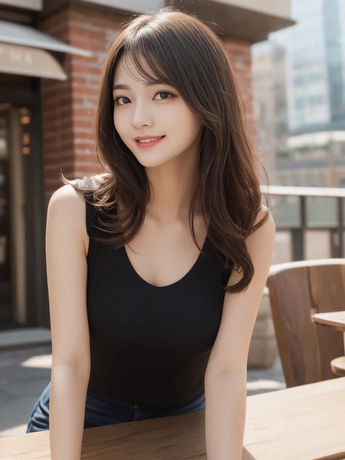 Tabletop, highest quality, figure, Super detailed, In detail, High resolution, 8k wallpaper, Perfect dynamic composition, Beautiful fine details, Women's fashion,Medium Wavy Hair,Natural color lip, Bold sexy pose,smile,City、20-year-old girl、cute、sexy shot looking at camera、smile