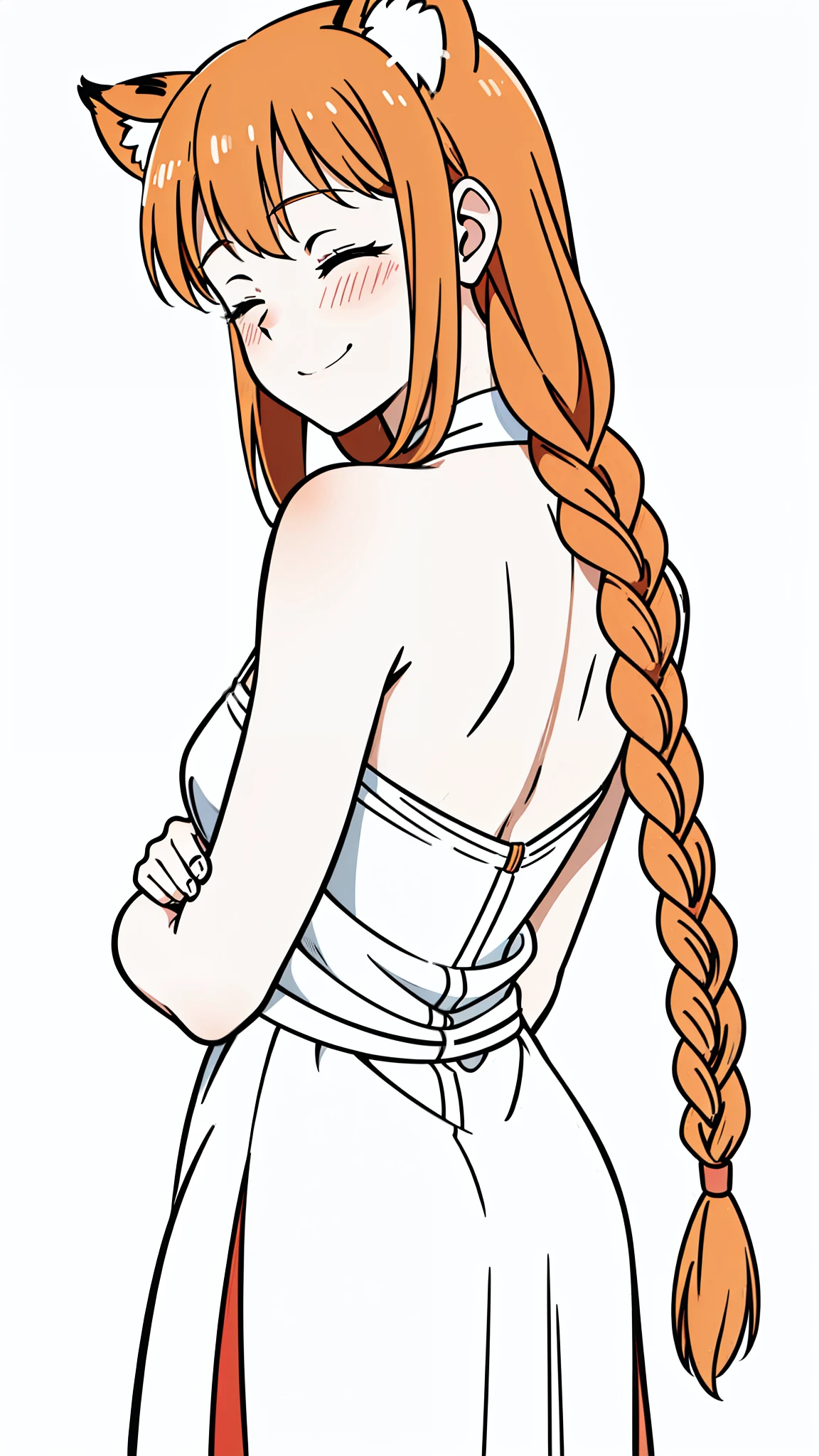 (1girl,20 years old,mature female,solo),tiger ears,long hair,(twin braids),orange hair,(white background,line drawing),upper body,((blush,smile,closed eyes)),crossed arms,((backwards,from back,looking away))