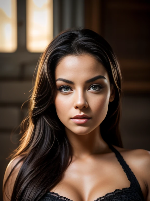 a beautiful woman with a face similar to Amy Lee, light skin, realistic texture, detailed dark hair, light highlighted eyes, detailed muscular body, good lighting,