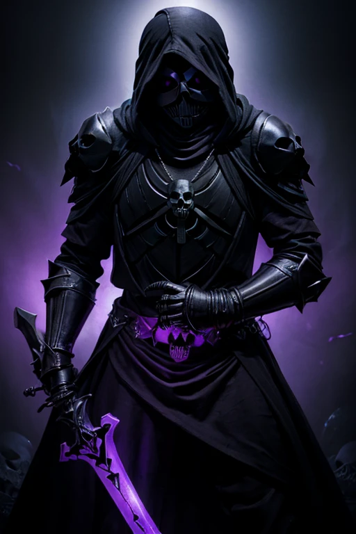 ((dark fantasy:1.4)),Shadow skeleton knight. ((black skull face:1.3)), Hooded shadow wraith in black battle armor, (glowing violet eyes:1.2), (cross pendant:1.3). brandishing black great sword in purple flames. masterpiece