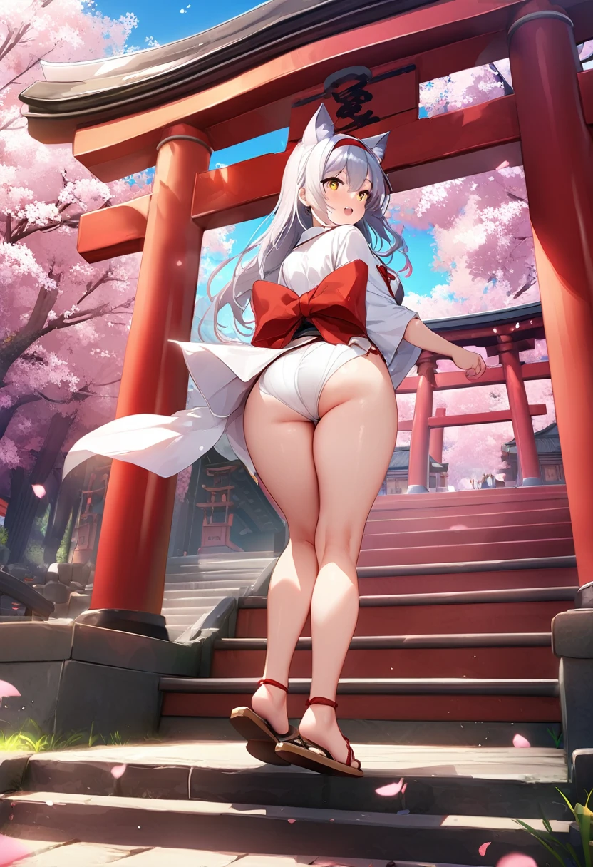 masterpiece，best quality，outdoor，Red Torii，Tree，stairs，Shrine Girl，look back，Red ribbon，Long hair，Cherry blossoms，Sky，Hair band，Headband，Cat ears，petal，Clogs sandals，White Kimono，Yellow eyes，Helmet cloth, High Leg Raise，butt
