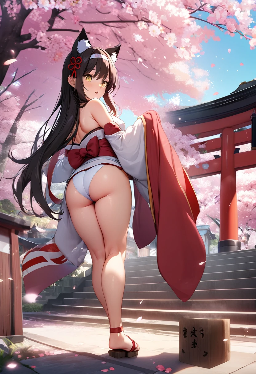 masterpiece，best quality，outdoor，Red Torii，Tree，stairs，Shrine Girl，look back，Red ribbon，Long hair，Cherry blossoms，Sky，Hair band，Headband，Cat ears，petal，Clogs sandals，White Kimono，Yellow eyes，Helmet cloth, High Leg Raise，butt