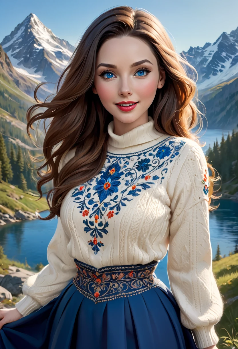 1girl, Large blond Hair With Messy Strands, Pale Skin, Red Lipstick, Dress Covered With Intricate Wood Cut Patterns. round full face, full features. wide toothy smile.Dynamic Pose., Detailed Eyes,, wide eyes, Standing On A Rock Overlooking A Mountain Valley With A Gorgeors Alpine Lake. Wearing A Black Knee Length Pleated Skirt With Blue Enbroidery And A Trdational Norweigian Sweater Of Many Colors With Intricate Detailed Rosemaling Designs. (Masterpiece)), ((Best Quality)), (Detailed). Official Art, Award Winning Digital Painting, Digital Illustration, Extreme Detail, 4k, Ultra Hd, Rococo, Polished, Intricate, Realistic Fantasy Art, Sharp Focus, Concept Art, Art By Wlop, Artgerm, (2d Vector Illustration) Beautiful Cute Face, Beautiful Female Lips, Charming Beauty, ((Kind Expression On His Face)), Seductively Looking At The Camera, ((Skin Color: White)), ((Detailed Beautiful Female Eyes)), ((Big Detailed Blue Eyes)), Ideal Female Body Shapes, Beautiful Waist, Big Thighs,, ((Subtle And Beautiful)), ((Depth Of Field))(Higly Detailed)), Realistic, Professional Photo Session, Light, Airy, HourGlass Figure. Stunning Combo Of Hedy Lamarr, Olivia Munn And Molly Quinn