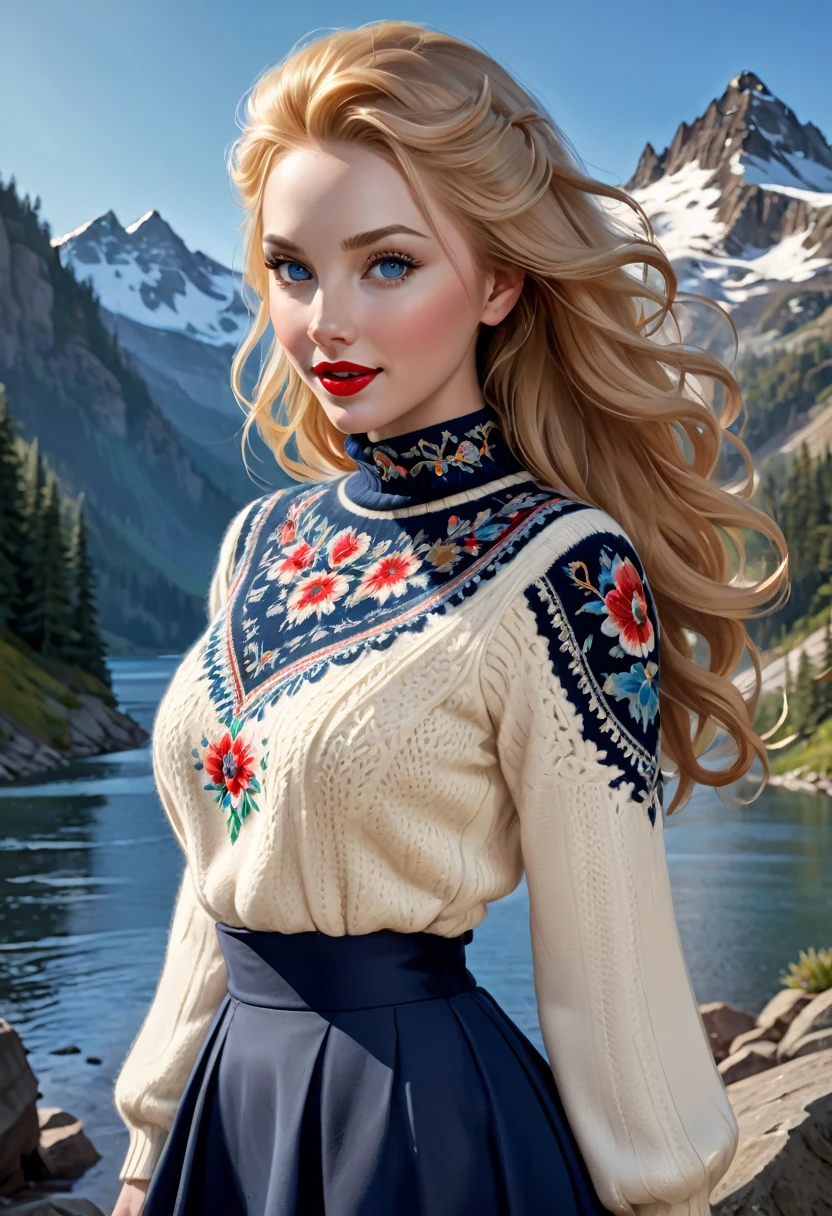 1girl, Large blond Hair With Messy Strands, Pale Skin, Red Lipstick, Dress Covered With Intricate Wood Cut Patterns. round full face, full features. wide toothy smile.Dynamic Pose., Detailed Eyes,, wide eyes, Standing On A Rock Overlooking A Mountain Valley With A Gorgeors Alpine Lake. Wearing A Black Knee Length Pleated Skirt With Blue Enbroidery And A Trdational Norweigian Sweater Of Many Colors With Intricate Detailed Rosemaling Designs. (Masterpiece)), ((Best Quality)), (Detailed). Official Art, Award Winning Digital Painting, Digital Illustration, Extreme Detail, 4k, Ultra Hd, Rococo, Polished, Intricate, Realistic Fantasy Art, Sharp Focus, Concept Art, Art By Wlop, Artgerm, (2d Vector Illustration) Beautiful Cute Face, Beautiful Female Lips, Charming Beauty, ((Kind Expression On His Face)), Seductively Looking At The Camera, ((Skin Color: White)), ((Detailed Beautiful Female Eyes)), ((Big Detailed Blue Eyes)), Ideal Female Body Shapes, Beautiful Waist, Big Thighs,, ((Subtle And Beautiful)), ((Depth Of Field))(Higly Detailed)), Realistic, Professional Photo Session, Light, Airy, HourGlass Figure. Stunning Combo Of Hedy Lamarr, Olivia Munn And Molly Quinn