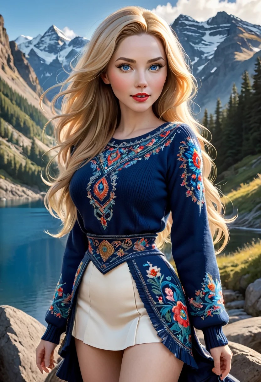1girl, Large blond Hair With Messy Strands, Pale Skin, Red Lipstick, Dress Covered With Intricate Wood Cut Patterns. round full face, full features. wide toothy smile.Dynamic Pose., Detailed Eyes,, wide eyes, Standing On A Rock Overlooking A Mountain Valley With A Gorgeors Alpine Lake. Wearing A Black Knee Length Pleated Skirt With Blue Enbroidery And A Trdational Norweigian Sweater Of Many Colors With Intricate Detailed Rosemaling Designs. (Masterpiece)), ((Best Quality)), (Detailed). Official Art, Award Winning Digital Painting, Digital Illustration, Extreme Detail, 4k, Ultra Hd, Rococo, Polished, Intricate, Realistic Fantasy Art, Sharp Focus, Concept Art, Art By Wlop, Artgerm, (2d Vector Illustration) Beautiful Cute Face, Beautiful Female Lips, Charming Beauty, ((Kind Expression On His Face)), Seductively Looking At The Camera, ((Skin Color: White)), ((Detailed Beautiful Female Eyes)), ((Big Detailed Blue Eyes)), Ideal Female Body Shapes, Beautiful Waist, Big Thighs,, ((Subtle And Beautiful)), ((Depth Of Field))(Higly Detailed)), Realistic, Professional Photo Session, Light, Airy, HourGlass Figure. Stunning Combo Of Hedy Lamarr, Olivia Munn And Molly Quinn