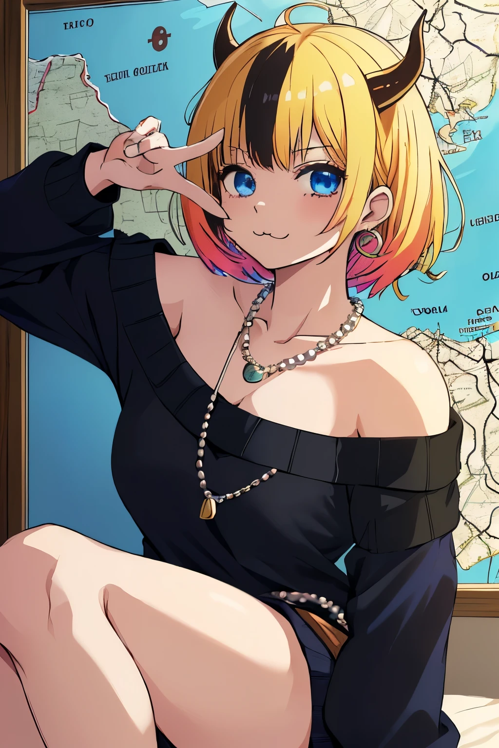 masutepiece,Best Quality, ultra res, Extremely detailed,
1girl in,Memcho multicolored hair, a blonde and a black hair, Short hair,  Blue eyes,  (:3 :1.4)
(Blue sweater, Black shirt, Shirt under sweater, off shoulder top)
pearls necklace, earrings, Horns、Holding an old map in one hand