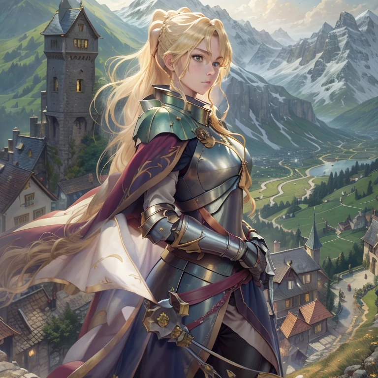 masterpiece, best quality, 1girl, alicetaria, blonde hair, long hair, ponytail, green eyes, armor, cape, solo, medieval castle, switzerland mountains background