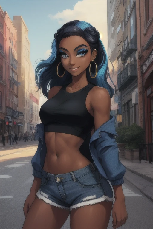 masterpiece, best quality, (Detailed face:1.2), (Detailed eyes:1.2), solo, 1girl, nessacasual, dark skin, makeup, smile, looking at viewer, standing, opened blue jacket, black tank-top, ((midriff)), denim short-shorts, hoop earrings, outdoors, city street
