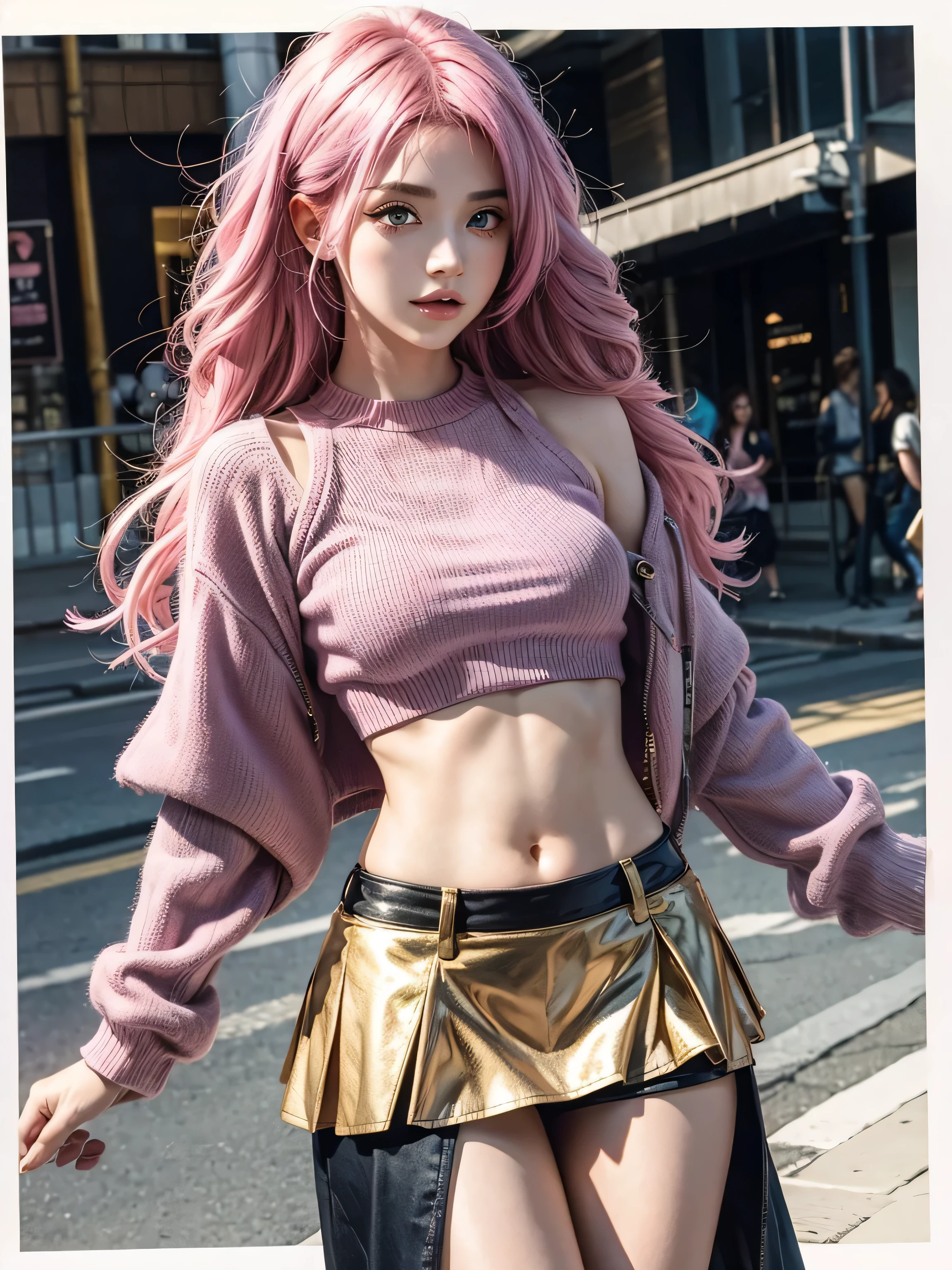 1girl, catgirl with pink hair and blue fur with gold eyes wearing a crop top and skirt