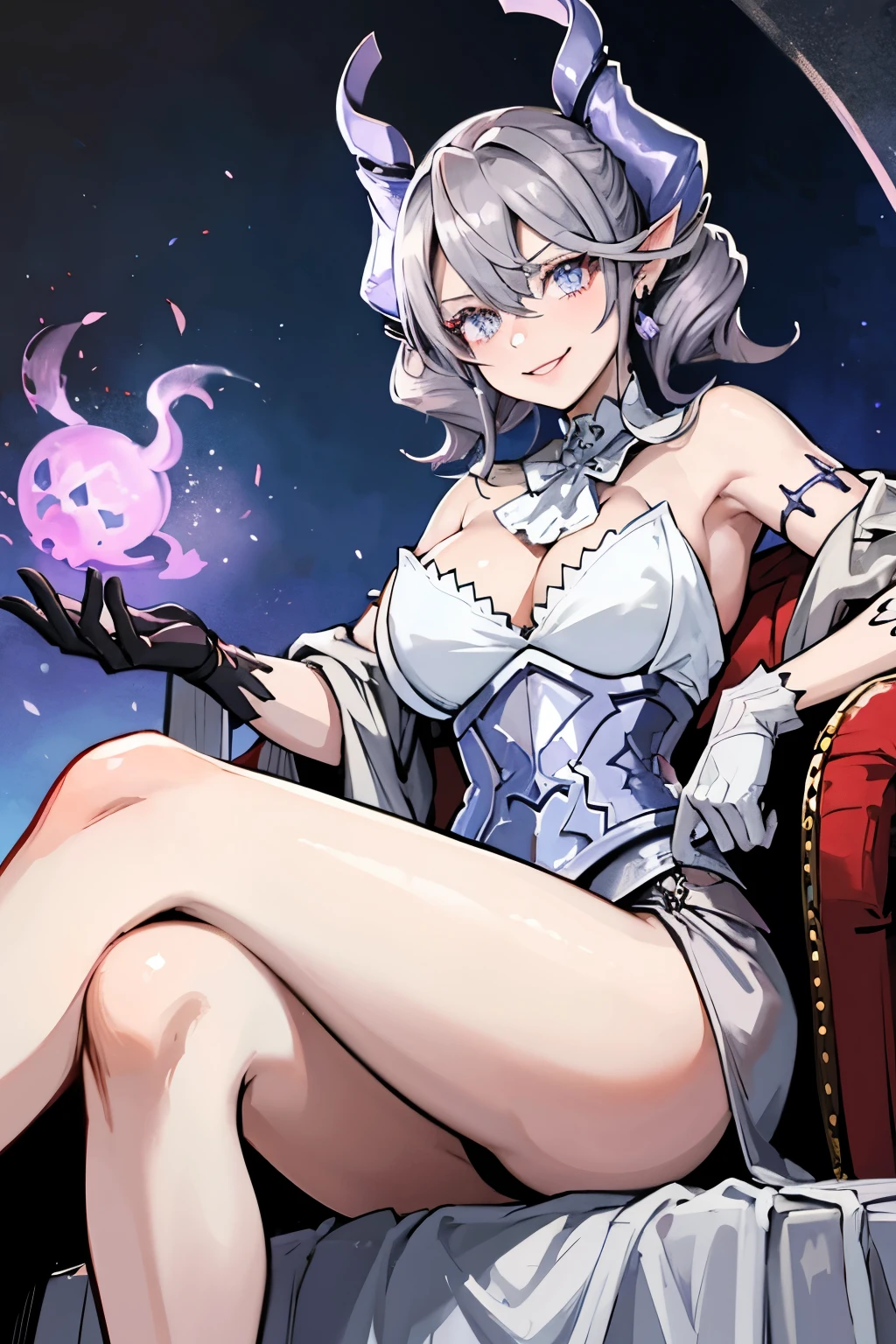 Castle background Throne sofa High level image quality best image quality 8K adult woman whole body view portrait pure red long gloves(elbow gloves) red long dress(slit) horn ears short hair((shortcut)(gray hair)(perm)(fluffy)) eye color is blue attractive evil face , face detail , smile , sexy pose , labrynth , erotic sting down styles , view from below , show foot, very close up foot , foot on screen