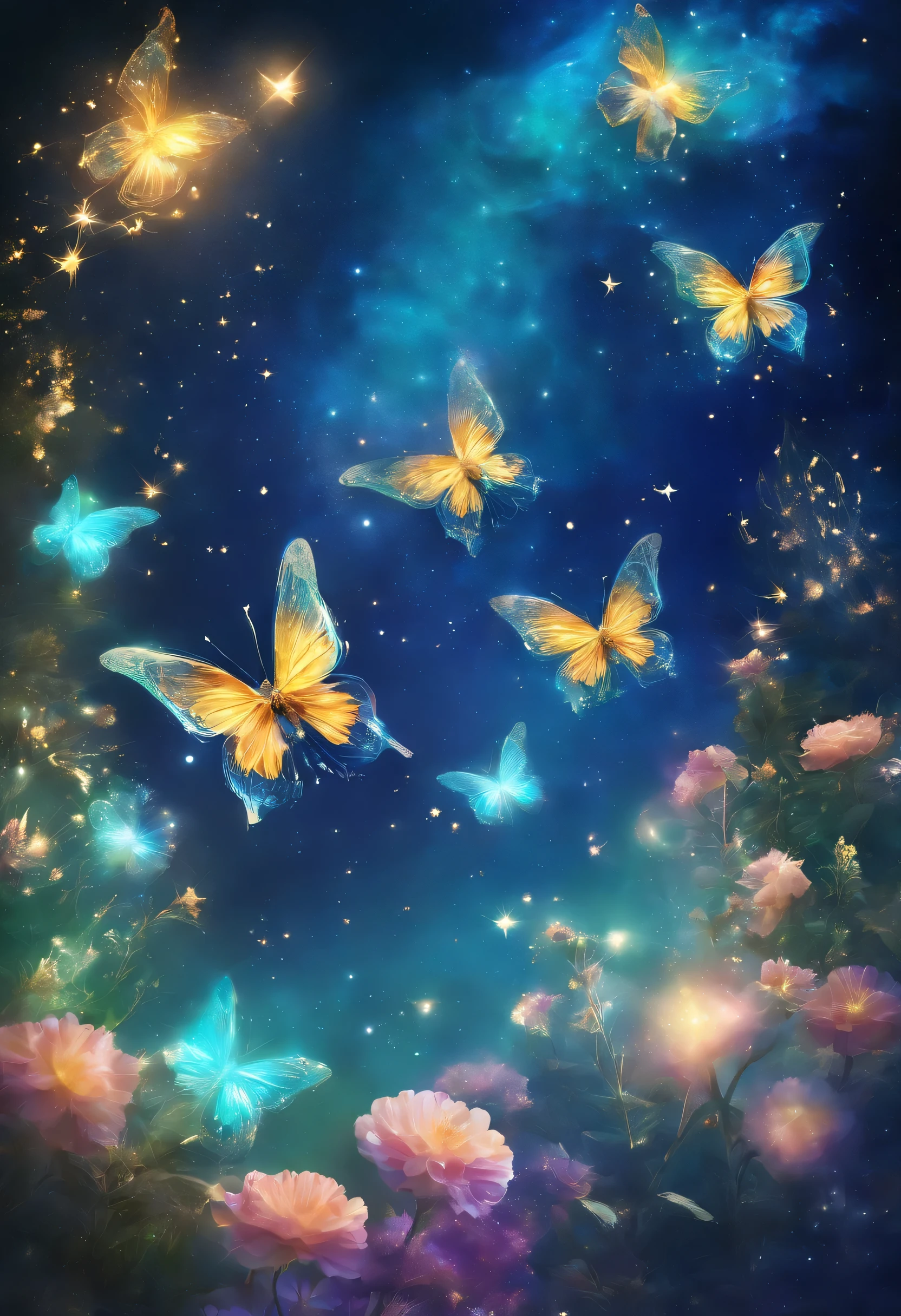 Photo of magical blue-green-gold energy radiating from a peaceful garden. The elegant butterfly dances, Their wings shone with golden light, When the charming flowers bloom, Exudes a sense of wonder and fantasy.