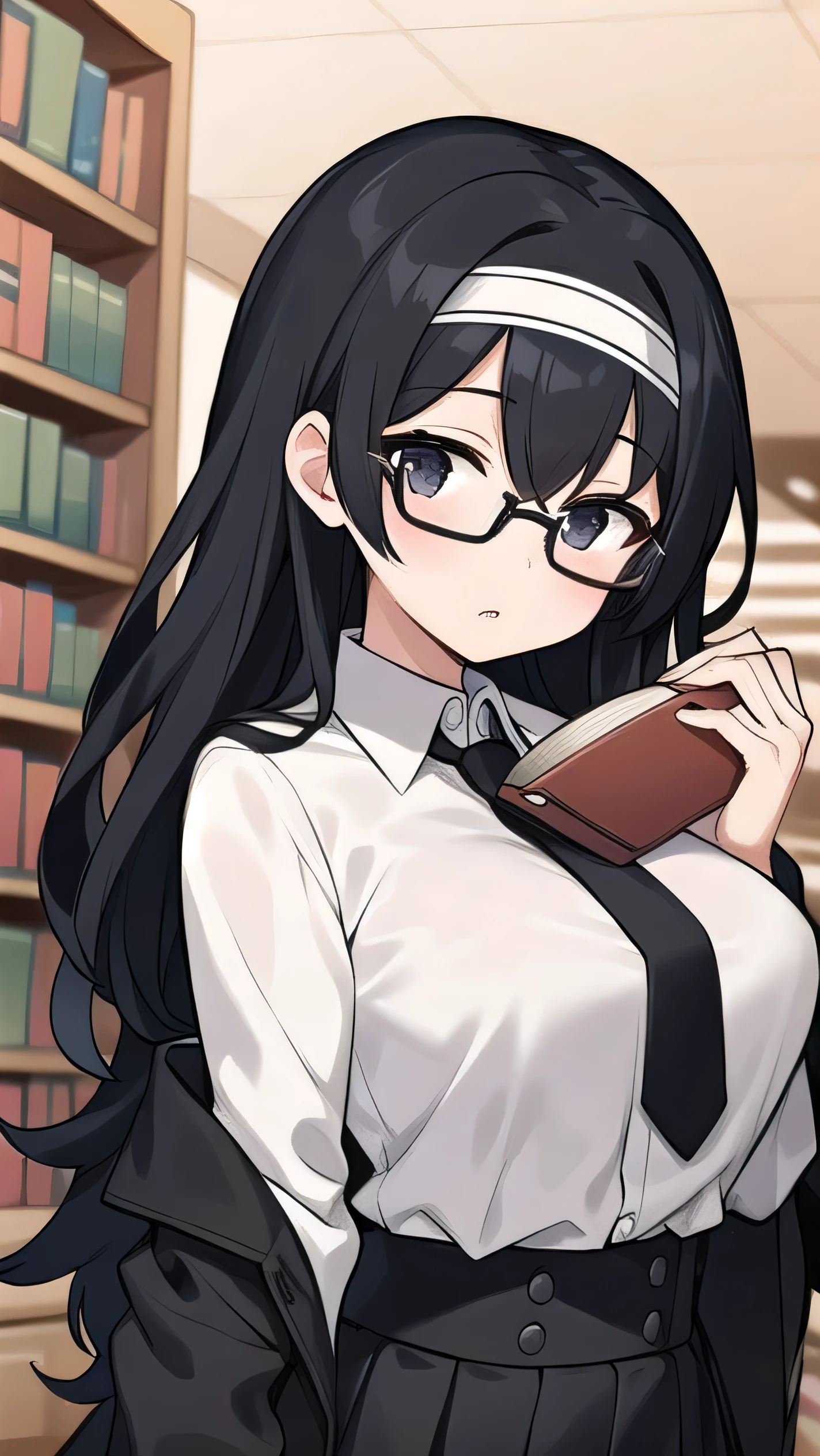 Wears glasses, , black hair, black eyes, round, wears , is tall, is in the library, looks kind, has very large breasts, has long hair that reaches her waist, is reading a book, He has black hair but has a slight brownish tint, wears a headband, wears a black uniform, black skirt, white shirt, red tie, and black jacket., triumphant expression,,,,