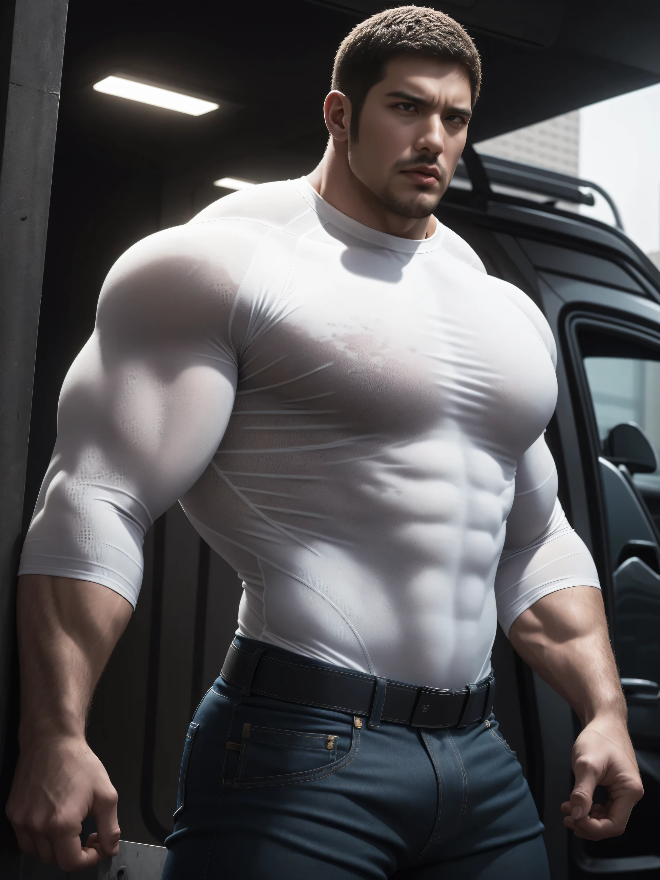 a very handsome young man, gray shirt, white underwear with massively large bulge, extremely handsome, very muscular, with very large muscles, defined and muscular body, hands in pockets, in a forest at night