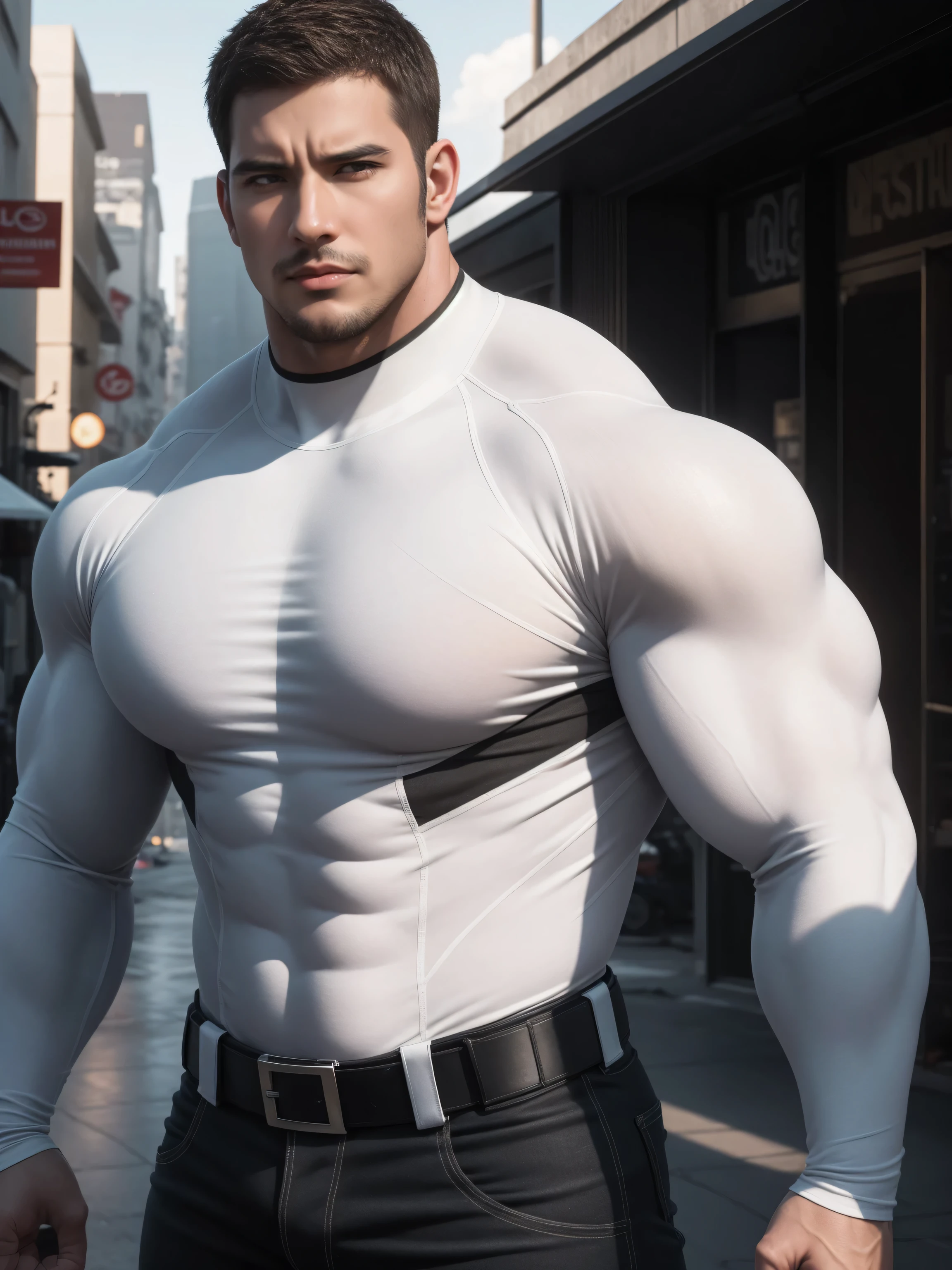 Angry super muscular man,  Buzz Cut，On the old-style outdoor street under the hot sun, Wear a long-sleeved cream superhero bodysuit, Thickened warm elastic texture，Clothes are very dirty with mud stains，The expression is arrogant, Thick thighs, Messy hair, Thick thighs, High collar, long sleeve, cream white superhero bodysuit, very tight, Regular symmetrical pattern, Highlight muscles, Police uniform pants, character concept（Resident Evil - Chris Redfield, Chris Redfield）A proud expression, Deep and charming eyes, Heroic male pose, tall Burly, muscular！muscular thighs, tough guy, perfect facial features, High, Burly, Heqiang, Super polished and cool, High Resolution Committee, Charismatic, The sun is blazing, dazzling