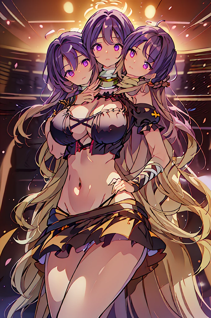 (masterpiece, best quality), best quality, (ultra-detailed), (3heads:1.5), 1girl, (byakuren hijiri:1.3), masterpiece, best quality, ultra quality, ultra resolution, ultra detail, black and white top, crop top, ((stomach)), midriff, ((groin)), black and white skirt, normal ears, shackles, light brown hair that fades to purple at the top , very long hair, wavy hair, sidelocks, hazel eyes, very detailed eyes, parted lips, beautiful eyes, sweat, cute, toned belly, hand on own chest, eyelashes, (25 year old woman:1.3), (masterpiece:1.5), (best quality:1.5), (beautiful detailed), extremely detailed CG, extremely delicate and beautiful, depth of field, (finely detailed face), (perfect details:1.2), (mature female:1.3), wide pelvis, slender, large veiny breast, 16k resolution, highres, very high quality, very high definition, extremely detailed, masterpiece, light brown hair that fades to purple at the top hair, long hair, alluring presence, braid, short skirt, close up, big tits, young, nsfw,