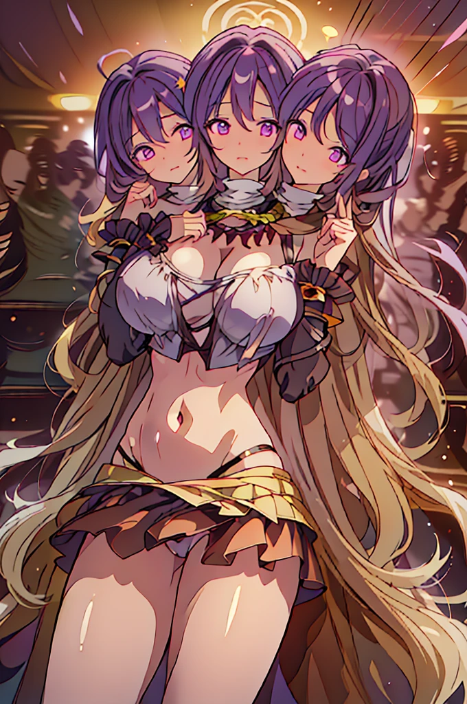 (masterpiece, best quality), best quality, (ultra-detailed), (3heads:1.5), 1girl, (byakuren hijiri:1.3), masterpiece, best quality, ultra quality, ultra resolution, ultra detail, black and white top, crop top, ((stomach)), midriff, ((groin)), black and white skirt, normal ears, shackles, light brown hair that fades to purple at the top , very long hair, wavy hair, sidelocks, hazel eyes, very detailed eyes, parted lips, beautiful eyes, sweat, cute, toned belly, hand on own chest, eyelashes, (25 year old woman:1.3), (masterpiece:1.5), (best quality:1.5), (beautiful detailed), extremely detailed CG, extremely delicate and beautiful, depth of field, (finely detailed face), (perfect details:1.2), (mature female:1.3), wide pelvis, slender, large veiny breast, 16k resolution, highres, very high quality, very high definition, extremely detailed, masterpiece, light brown hair that fades to purple at the top hair, long hair, alluring presence, braid, short skirt, close up, big tits, young, nsfw,