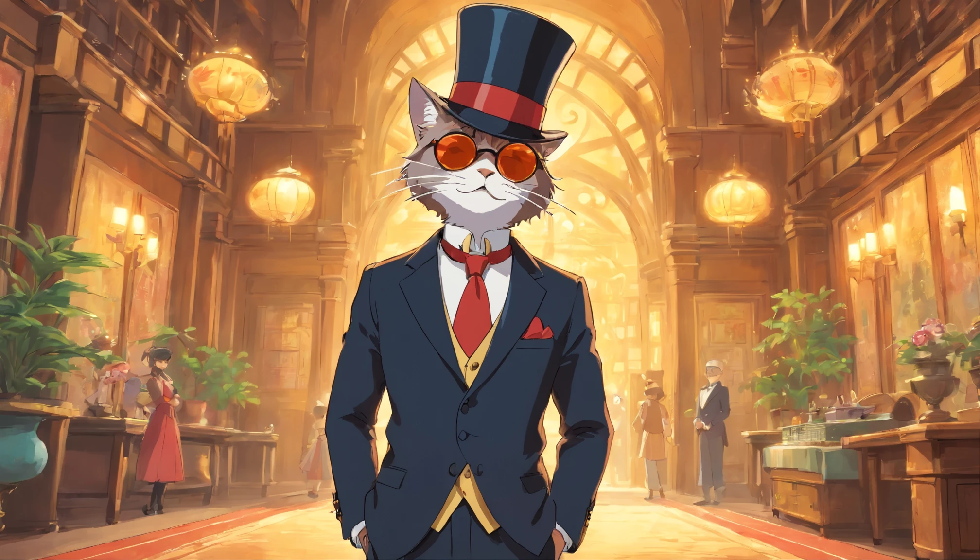 Wearing a top hat、Wear sunglasses、A tuxedo-wearing humanoid wildcat