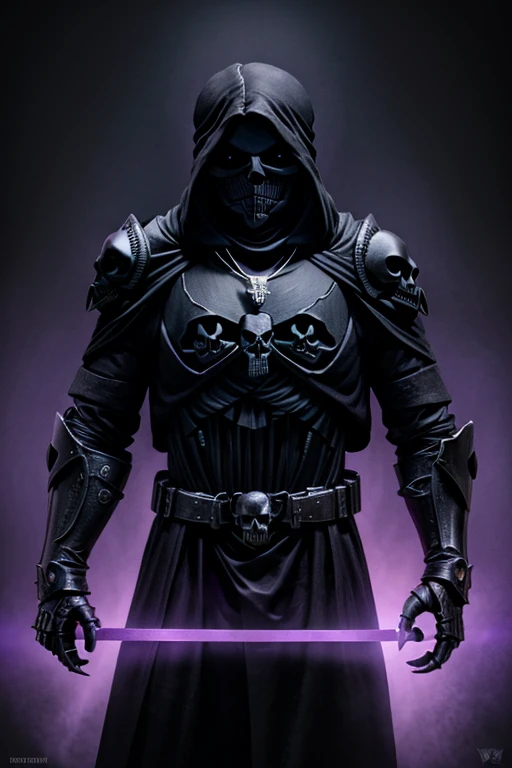 (realistic illustration:1.3),((dark fantasy:1.4)),Shadow skeleton knight. ((black skull face:1.3)), Hooded shadow wraith in black battle armor, (glowing violet eyes:1.2), (cross pendant:1.3). brandishing black great sword in purple flames. masterpiece