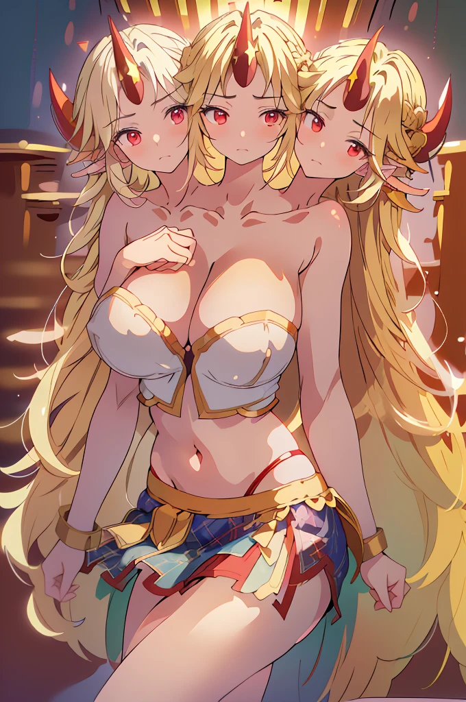 (masterpiece, best quality), best quality, (ultra-detailed), (3heads:1.5), 1girl, (hoshiguma yuugi:1.3), masterpiece, best quality, ultra quality, ultra resolution, ultra detail, white top, crop top, ((stomach)), midriff, ((groin)), dark blue skirt, plaid skirt, normal ears, shackles, blonde hair, very long hair, wavy hair, sidelocks, red eyes, parted lips, single horn, sweat, cute, toned belly, hand on own chest, eyelashes, (25 year old woman:1.3), (masterpiece:1.5), (best quality:1.5), (beautiful detailed), extremely detailed CG, extremely delicate and beautiful, depth of field, (finely detailed face), (perfect details:1.2), (mature female:1.3), wide pelvis, slender, large veiny breast, 16k resolution, highres, very high quality, very high definition, extremely detailed, masterpiece, blonde hair, long hair, alluring presence, braid, short skirt, close up, big tits, young,