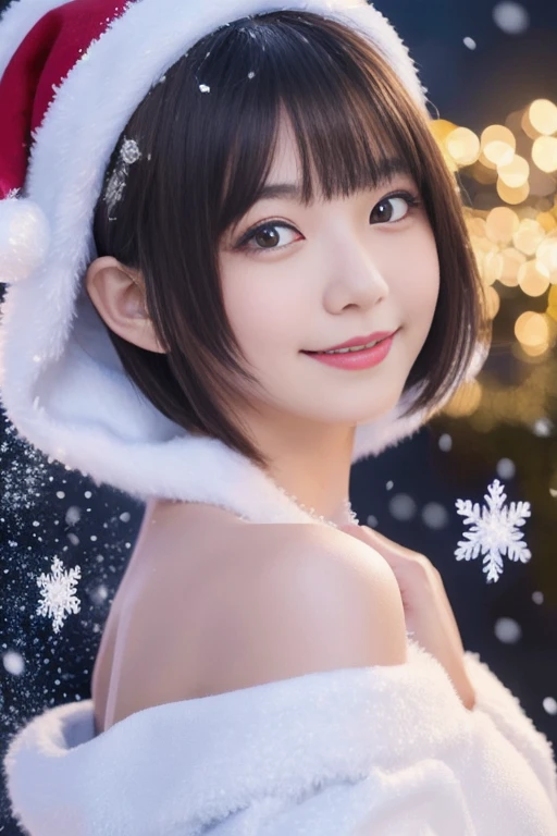 1girl, santa claus costume, symmetry, young japanese girl, slender figure, (ultra short hair:1.5), ultra big smile, beautiful detailed eyes, beautiful detailed lips, extremely detailed face, natural makeup, (best quality, 4k, 8k, highres, masterpiece:1.2), (ultra-detailed, realistic, photorealistic, photo-realistic:1.37), professional, vivid colors, studio lighting, snowing night town, christmas eve