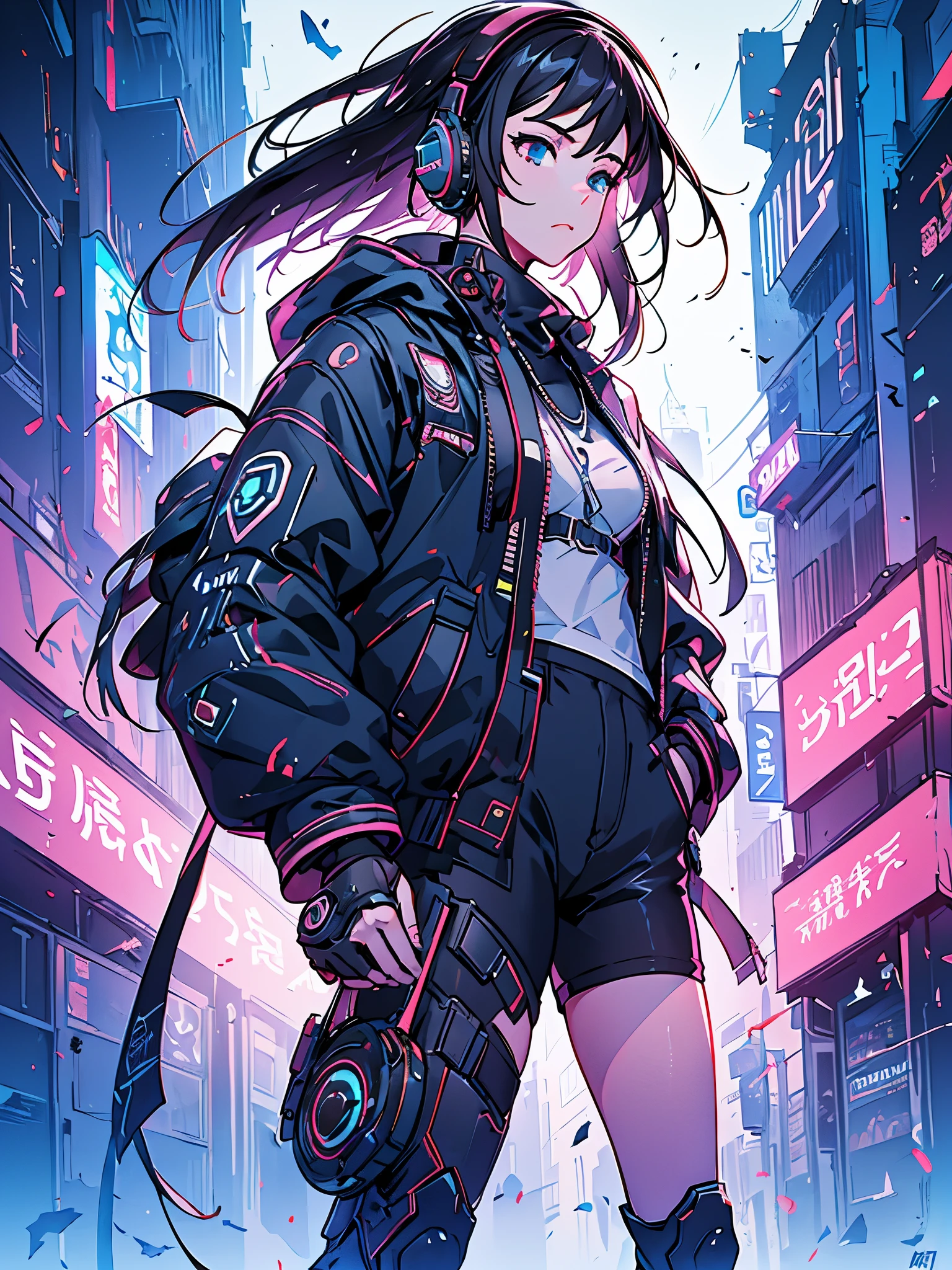 a woman with headphones next to a robot, corpo inteiro, olhando para cima, cyber glasses, boca meio aberta, Dark sky with clouds, (((a garota tem cabelos curtos brancos, tenis tech, e partes cyberpunk))), arte cyberpunk de Jason A. English, sociedade cg, retrofuturismo, Ilya Kuvshinov, sci-fi, futurista, vibrante, photorealista, realista, dramatic, cinematic lighting, sharp focus, 8K