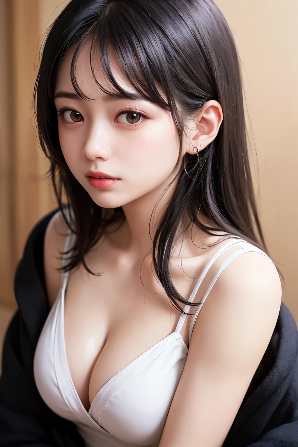 (1 nogizaka girl,raw photo,photo realistic:1.5),(best quality, high quality,HDR, highest quality,ultra high resolution,high resolution,high res,ultra high difinition,huge file size,8K,2K wallpaper,8K wallpaper,high quality texture,amazing,an extremely delicate:1.4),one girl, Japanese famous idol,beautiful face,small face,absurd,ridiculous,incredibly ridiculous,blurry background,(cleavage,no makeup:1.2),medium skin,beautiful skin,detailed skin,black hair,silky hair,(Japanese eyes:1.3),detailed eyes,black eyes,Japanese idol eyes,triangle eyes,Japanese nose,5-fingers,(Light Particles, Lens Flare, Luminous Particles: 0.7),looking at viewer,bright lighting,professional lighting,girl