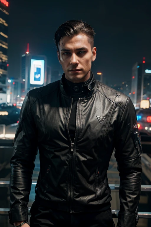 Young man in cyberpunk style suit with robotic implants and handsome with an evil face