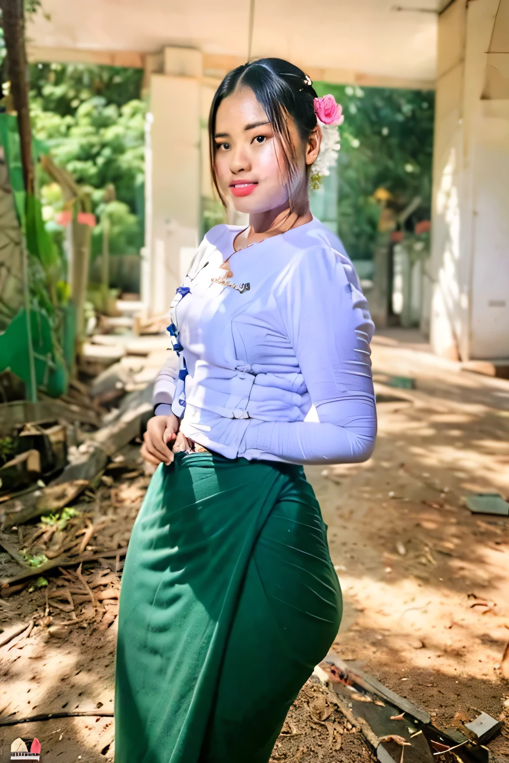 Myanmar girl, pretty lady MoonLay, cute small smiliing, HD makeup, glossy lips, wear Myanmar student uniform, student outfit in the class room, front view, cinematic, vibrant, HDR lighting, ultra-high detailed, ultra-high resolution, ultra-sharp focus, perfect anatomy