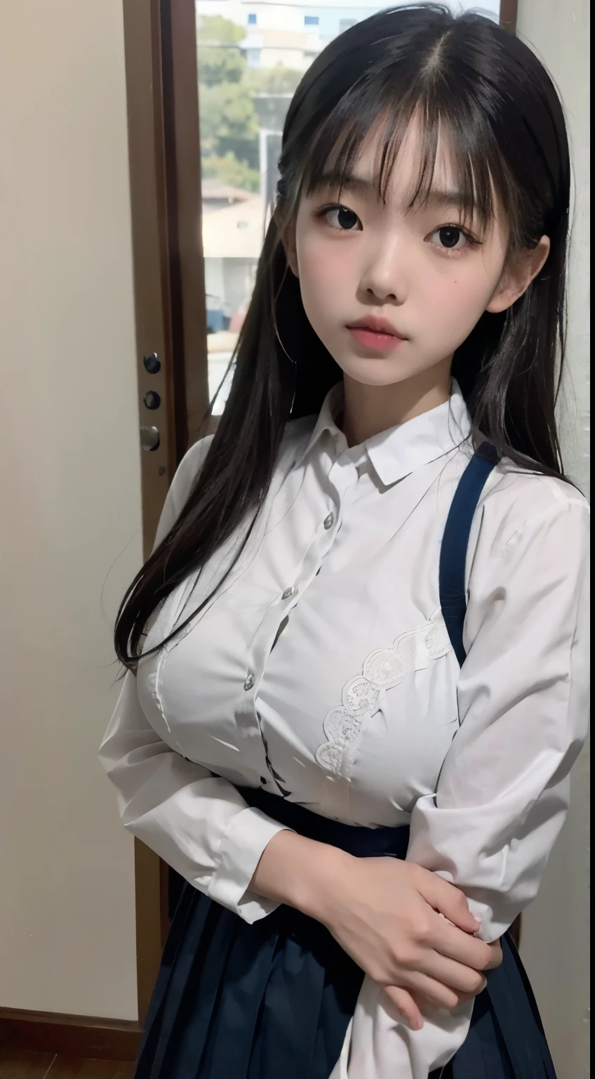 Master quality, highest quality, best picture quality, exaggerated details, a cute 8 year old asian with a shy expression, slightly squinted eyes, adjusting her hair, long eyelashes (long hair / very, very exaggerated big breasts / in uniform, 2-tier skirt short, The chest more exposed) outdoors, posing in front of the camera, wet body lace petticoat, cloth throught skin.