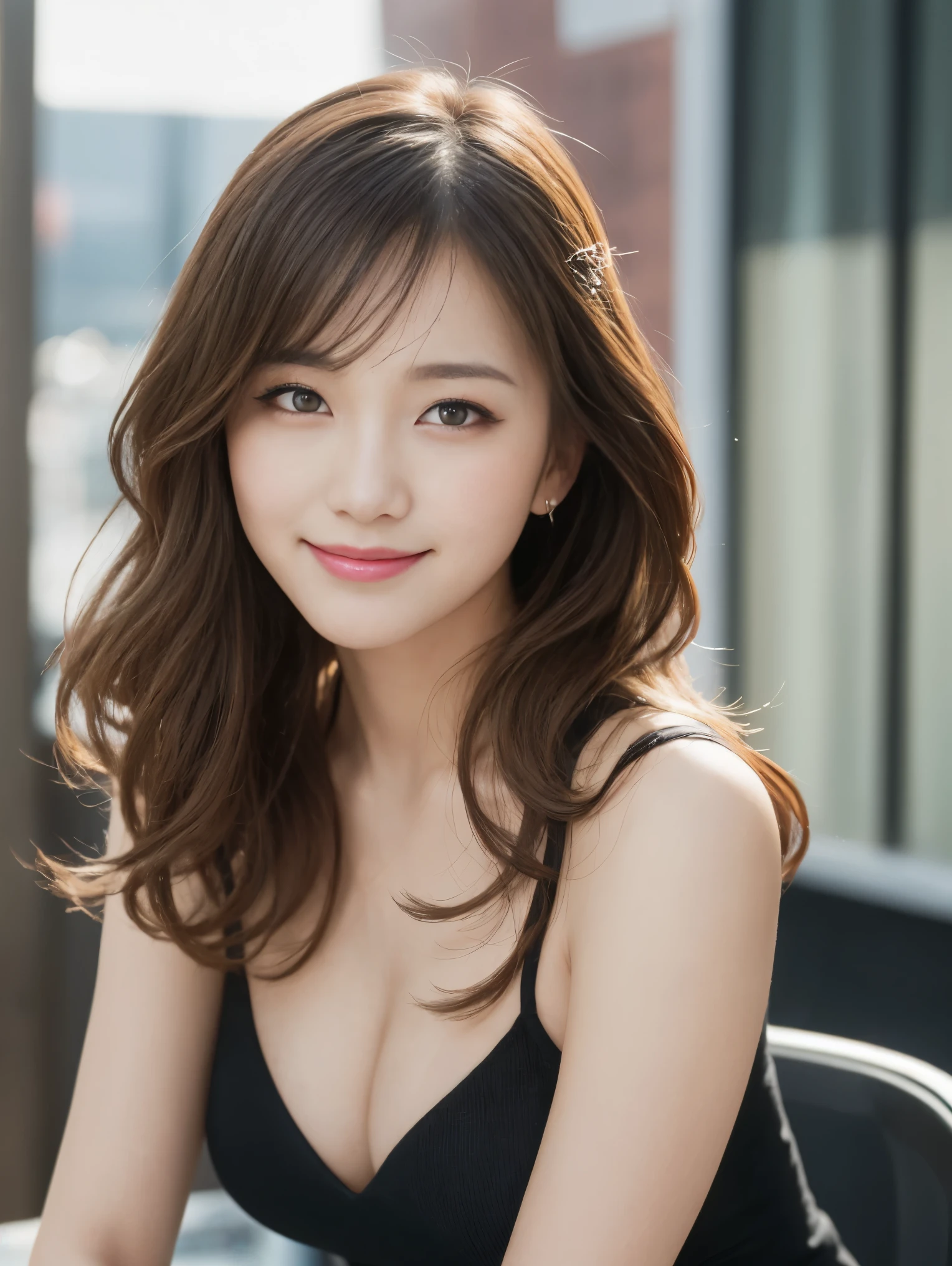 Tabletop, highest quality, figure, Super detailed, In detail, High resolution, 8k wallpaper, Perfect dynamic composition, Beautiful fine details, Women's fashion,Medium Wavy Hair,Natural color lip, Bold sexy pose,smile,City、20-year-old girl、cute、sexy shot looking at camera、smile