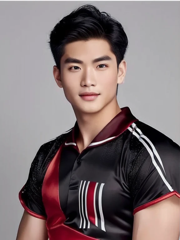 A man wearing a dark red soccer jersey., expensive silk, Thai anime,Outdoor gym inspired by Li Khan, Damian Tran, wearing red dress, Wear a red formal dress, Handsome Chad Chin, Ross instead, Asian man, Mark, Liang Mark, Rick Dai, Christopher Chao, Inspired by David Diao, Thailand, แรงบันดาลใจจาก Liang Kai, Nanchuan