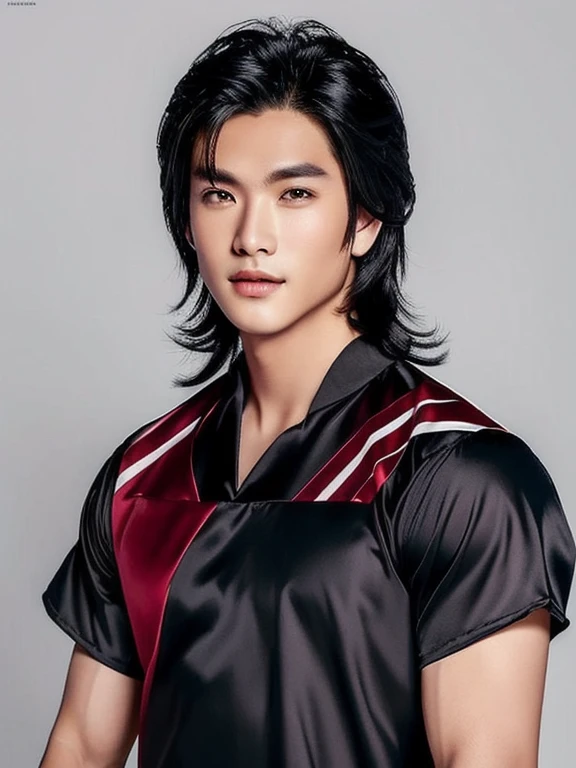 A man wearing a dark red soccer jersey., expensive silk, Thai anime,Outdoor gym inspired by Li Khan, Damian Tran, wearing red dress, Wear a red formal dress, Handsome Chad Chin, Ross instead, Asian man, Mark, Liang Mark, Rick Dai, Christopher Chao, Inspired by David Diao, Thailand, แรงบันดาลใจจาก Liang Kai, Nanchuan