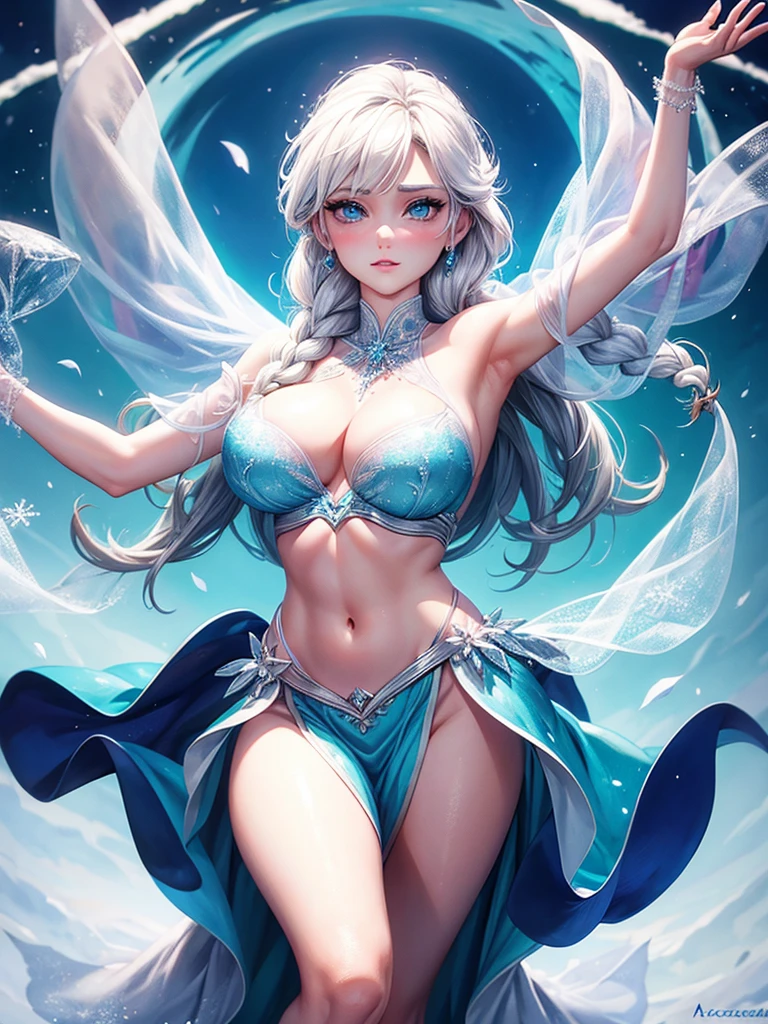 Elsa de frozen, lenceria, tetas grandes y pesadas, pezones erectos, acostada en la nieve. olaf