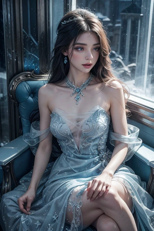 a beautiful ice goddess, good face, very long hair, realistic eyes, small breasts, ice magician, ice elemental, intricate design and details, chilling mist, cold, blizzard storm, conjuring ice spell, casting ice spell, detailed dress, (blue dress:1.5), bare waist, realistic ice effect, snow particles, dark fantasy art style, ruined city, dramatic lighting, cinematic, sitting on the chair,