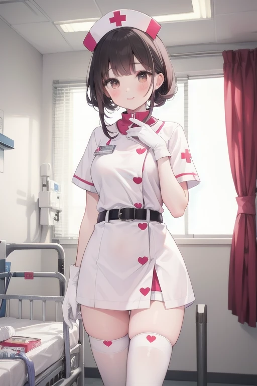 1girl, solo, nurse, nurse cap, white wear, ((white legwear, zettai ryouiki)), white gloves, pink hair, drooping eyes, ((covered nose)), standing, ((hospital room)), sharp outline, short sleeves, best quality, masterpiece,Fleshy,Brown eyes,Fleshy,Black hair,happy,lol,Heart,belt,Black clothes