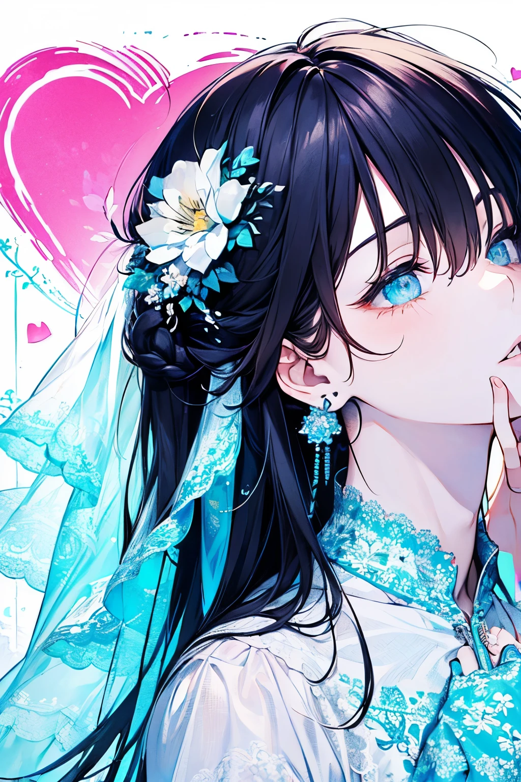 ((17years old man:1.2)), masterpiece, best quality, braid hair, black hair, (half up and half down hair:1.1),(portrait),white wedding dress,(pop and cute flower pattern background), (perfect hands),(Light blue,yellow,white),looking front,((Large and gorgeous earrings:1.1)),(With eyes closed, waiting for a kiss:1.35),((hand to own mouth:1.2)),((upper body)),((Looking up:1.2)),((heart:1.2))