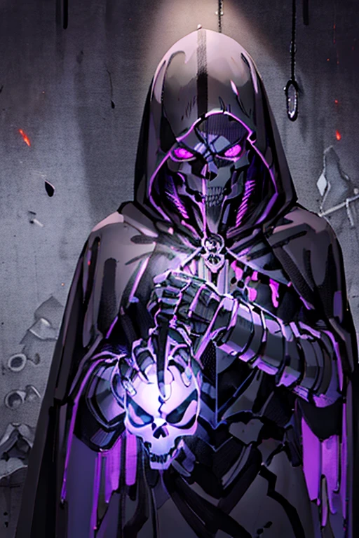 (realistic illustration:1.3),((dark fantasy:1.4)),Shadow skeleton knight. ((black skull face:1.3)), Hooded shadow wraith in black battle armor, (glowing violet eyes:1.2), (cross pendant:1.3). brandishing black great sword in purple flames. masterpiece