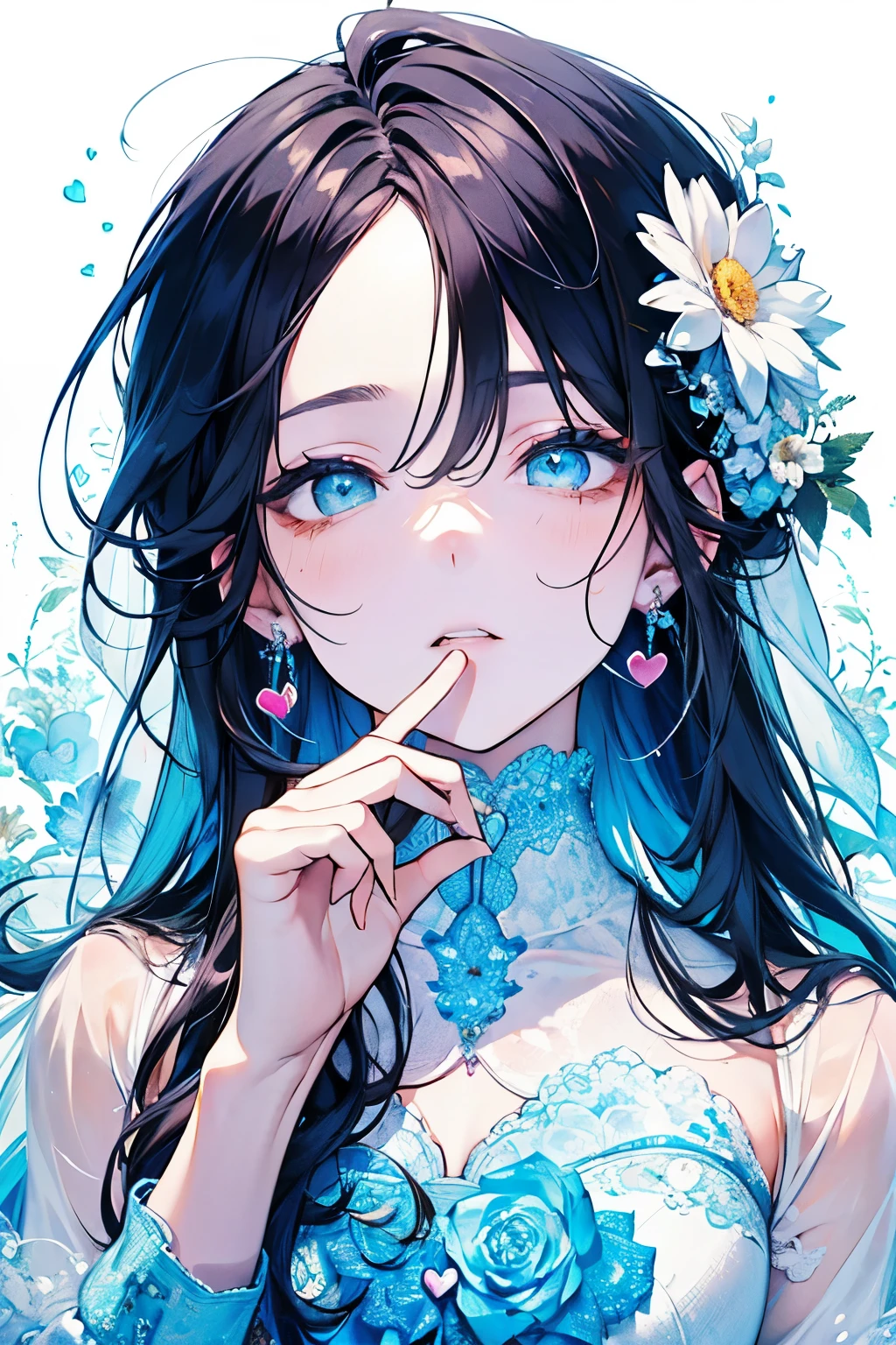 ((ars old man:1.2)), masterpiece, best quality, braid hair, black hair, (half up and half down hair:1.1),(portrait),white wedding dress,(pop and cute flower pattern background), (perfect hands),(Light blue,yellow,white),looking front,((Large and gorgeous earrings:1.1)),(With eyes closed, waiting for a kiss:1.35),((hand to own mouth:1.2)),((upper body)),((Looking up:1.2)),((heart:1.2))