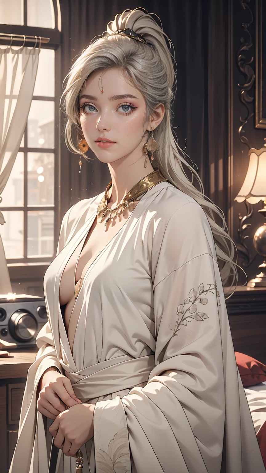(highest quality, masterpiece:1.2), Ultra-high resolution, Realistic, Front lighting, Intricate details, Exquisite detail and texture, One girl, alone ,(young), Facial highlights, Upper Body, Detailed face, Teardrop Mole, white skin, Silver Hair, ponytail, Braid, View Viewer, Big eyes, silk robe, (Hollow pattern, white, silk), Earrings, Small breasts, The body is slim, Luxury Room, Professional Lighting, Photon Mapping, Radio City, Physically Based Rendering,