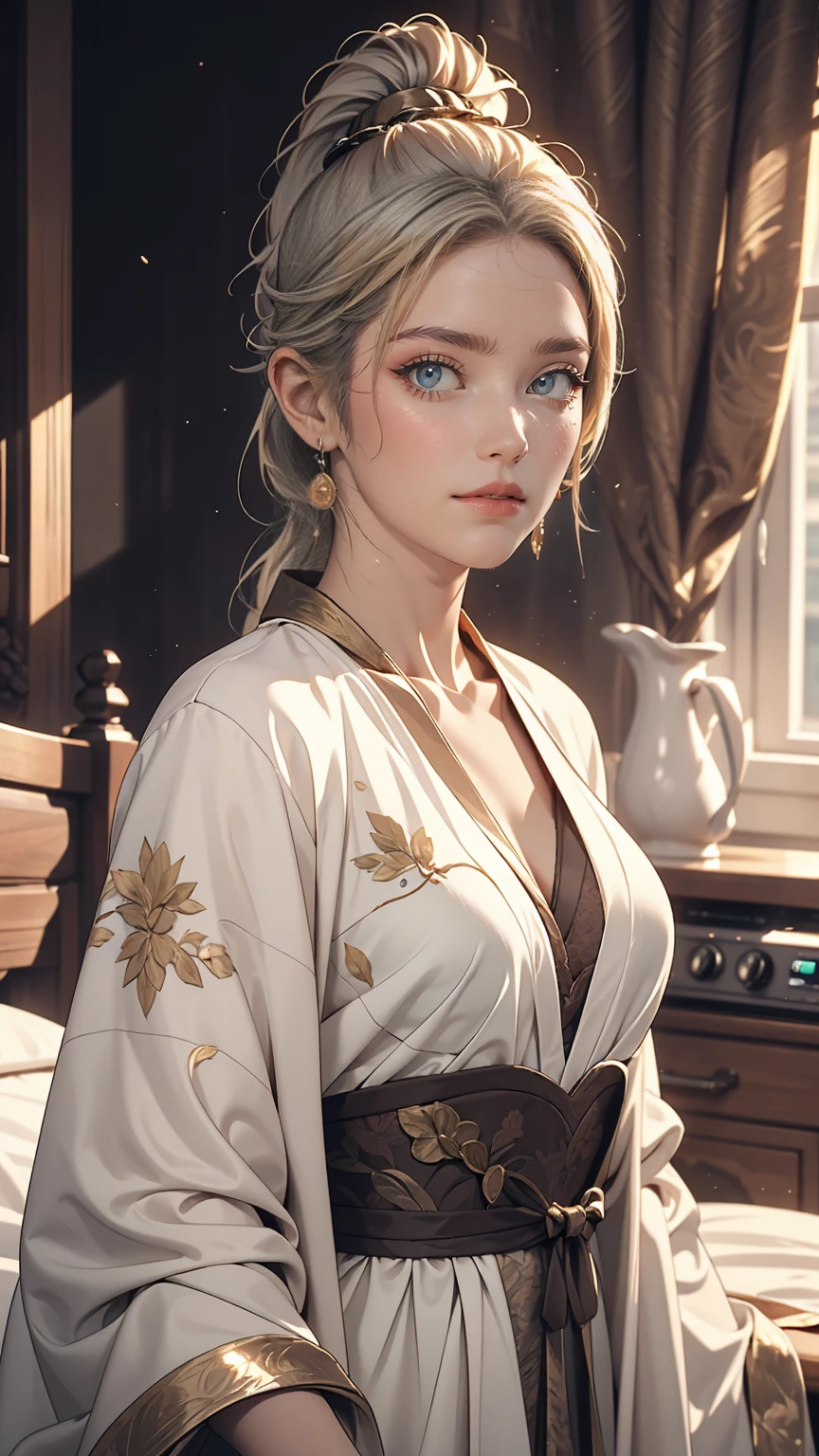 (highest quality, masterpiece:1.2), Ultra-high resolution, Realistic, Front lighting, Intricate details, Exquisite detail and texture, One girl, alone ,(young), Facial highlights, Upper Body, Detailed face, Teardrop Mole, white skin, Silver Hair, ponytail, Braid, View Viewer, Big eyes, silk robe, (Hollow pattern, white, silk), Earrings, Small breasts, The body is slim, Luxury Room, Professional Lighting, Photon Mapping, Radio City, Physically Based Rendering,