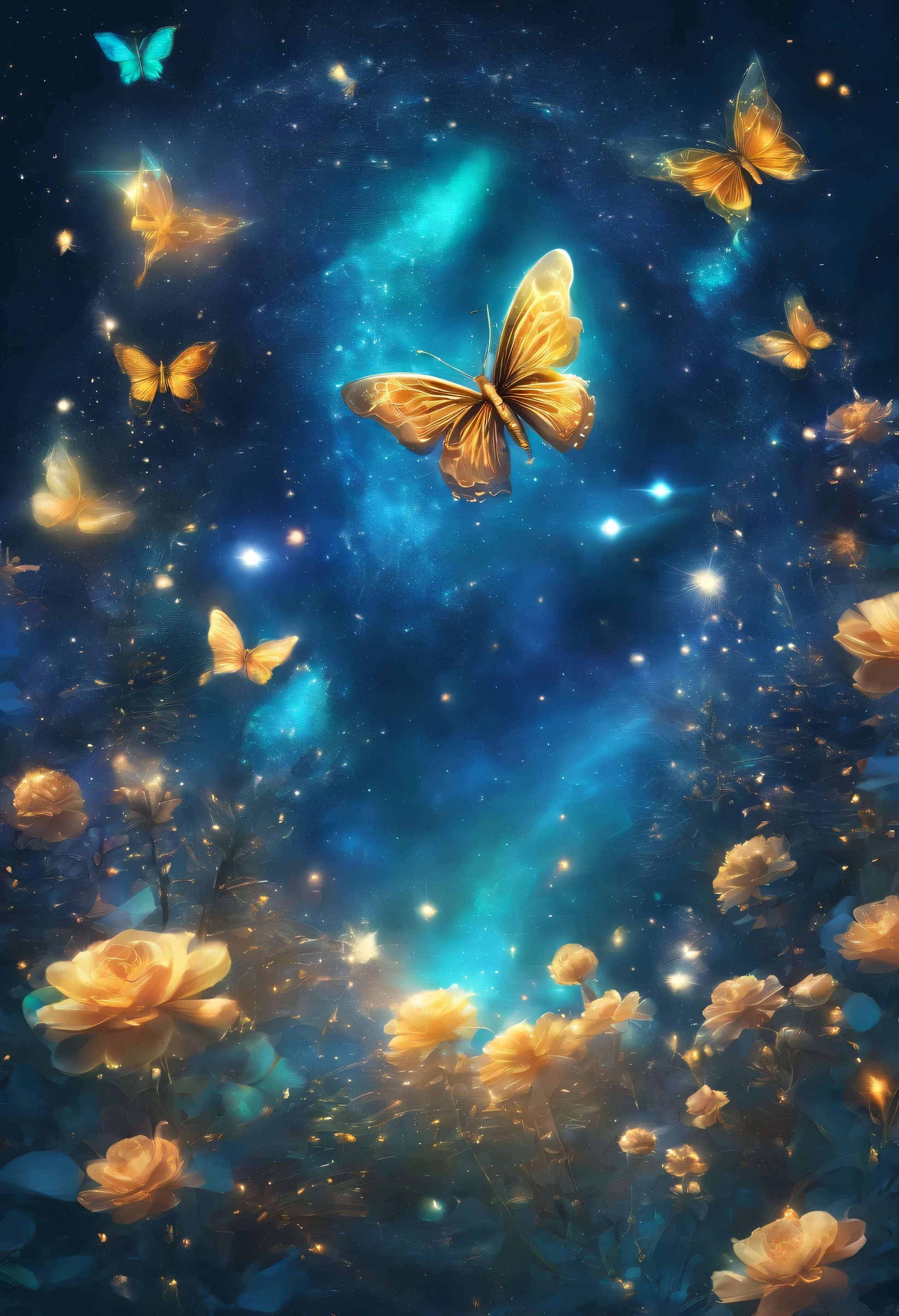 Photo of magical blue-green-gold energy radiating from a peaceful garden. The elegant butterfly dances, Their wings shone with golden light, When the charming flowers bloom, Exudes a sense of wonder and fantasy.