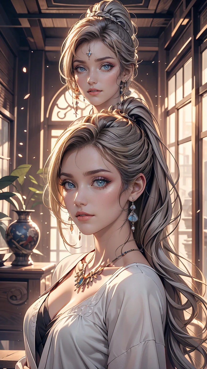 (highest quality, masterpiece:1.2), Ultra-high resolution, Realistic, Front lighting, Intricate details, Exquisite detail and texture, One girl, alone ,(young), Facial highlights, Upper Body, Detailed face, Teardrop Mole, white skin, Silver Hair, ponytail, Braid, View Viewer, Big eyes, silk robe, (Hollow pattern, white, silk), Earrings, Small breasts, The body is slim, Luxury Room, Professional Lighting, Photon Mapping, Radio City, Physically Based Rendering