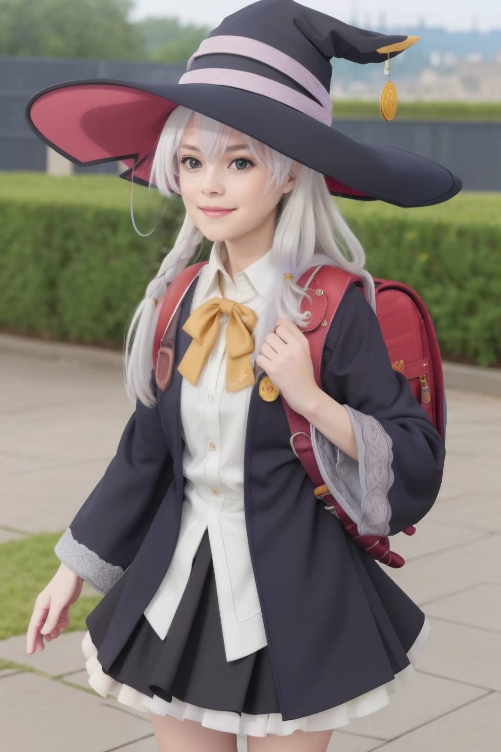 Masterpiece, hd, realistic 
elaina, witch, wizard, elaina \(majo no tabitabi\), cosplay, 1girl, solo, 
open robe, collared shirt, long sleeves, wide sleeves, pleated skirt, witch hat, bowtie, frilled skirt, 
jewelry, badge, 
long hair, bangs, hair between eyes, grey hair, hair ribbon, hair bow, 
looking at viewer, cowboy shot, standing, 
Outdoor, day, 
Wearing red backpack, (backpack:1.2)
 