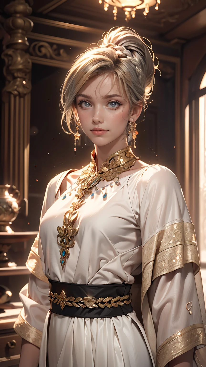 (highest quality, masterpiece:1.2), Ultra-high resolution, Realistic, Front lighting, Intricate details, Exquisite detail and texture, One girl, alone ,(young), Facial highlights, Upper Body, Detailed face, Teardrop Mole, white skin, Silver Hair, ponytail, Braid, View Viewer, Big eyes, silk robe, (Hollow pattern, white, silk), Earrings, Small breasts, The body is slim, Luxury Room, Professional Lighting, Photon Mapping, Radio City, Physically Based Rendering