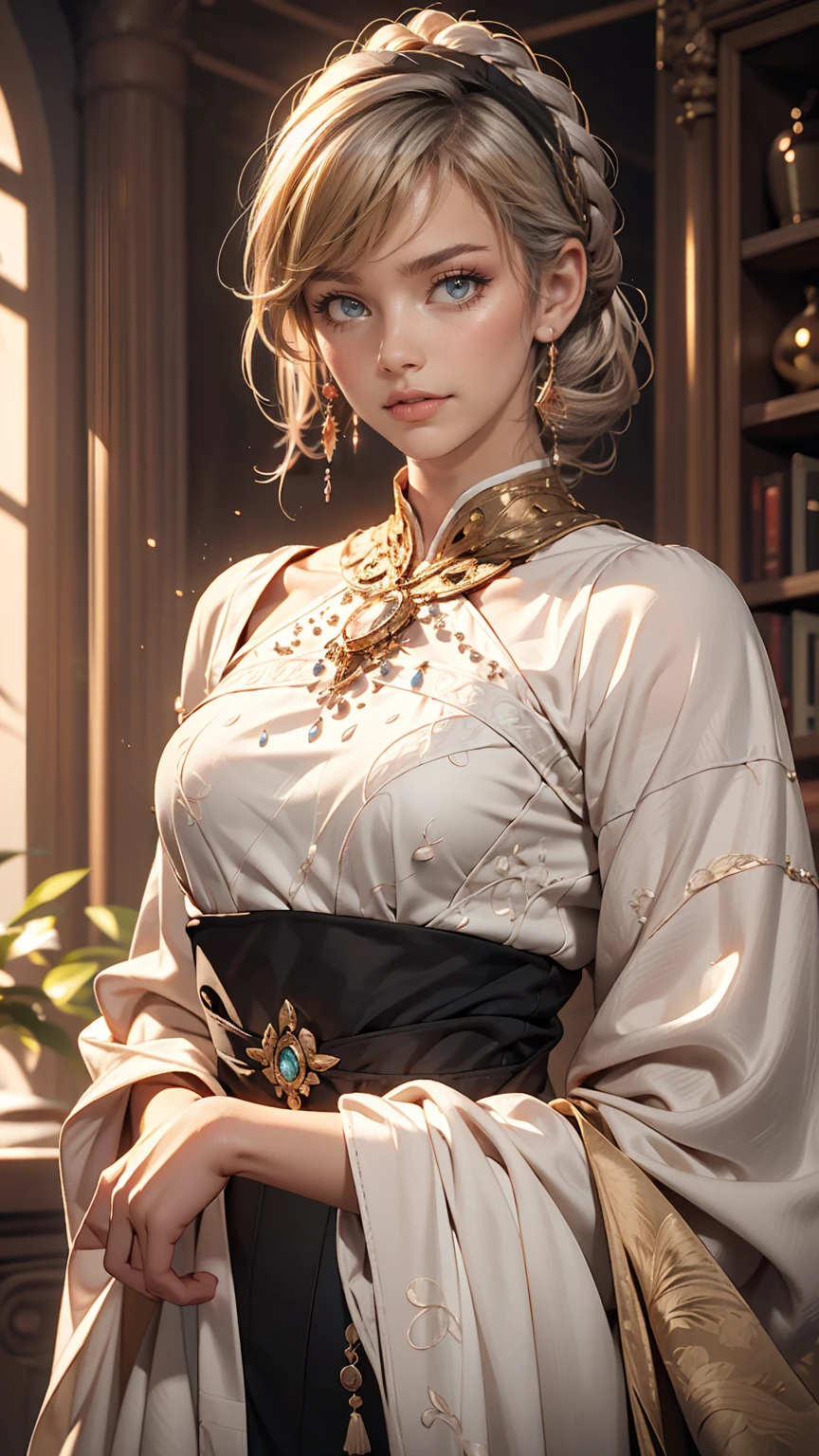 (highest quality, masterpiece:1.2), Ultra-high resolution, Realistic, Front lighting, Intricate details, Exquisite detail and texture, One girl, alone ,(young), Facial highlights, Upper Body, Detailed face, Teardrop Mole, white skin, Silver Hair, ponytail, Braid, View Viewer, Big eyes, silk robe, (Hollow pattern, white, silk), Earrings, Small breasts, The body is slim, Luxury Room, Professional Lighting, Photon Mapping, Radio City, Physically Based Rendering