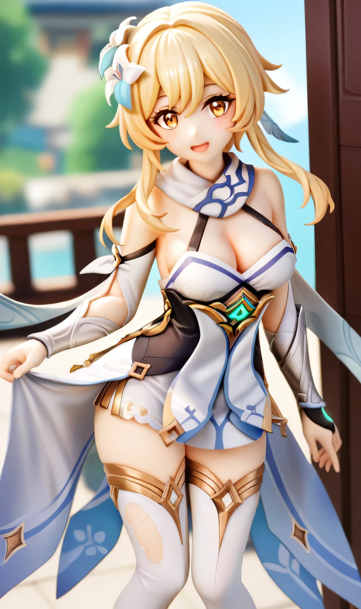 score_9,score_8_up,score_7_up,score_6_up,score_5_up,score_4_up,
1girl,lumine_\(genshin_impact\),solo,blush,smile,sidelocks,medium_breasts,cleavage,thighs,highres,white_scarf,white_thighhighs,bare_shoulders,detached_sleeves,hydro_symbol_\(genshin_impact\),wet_clothes,hair_flower,harimoji,white_dress,open_mouth,looking_at_viewer,